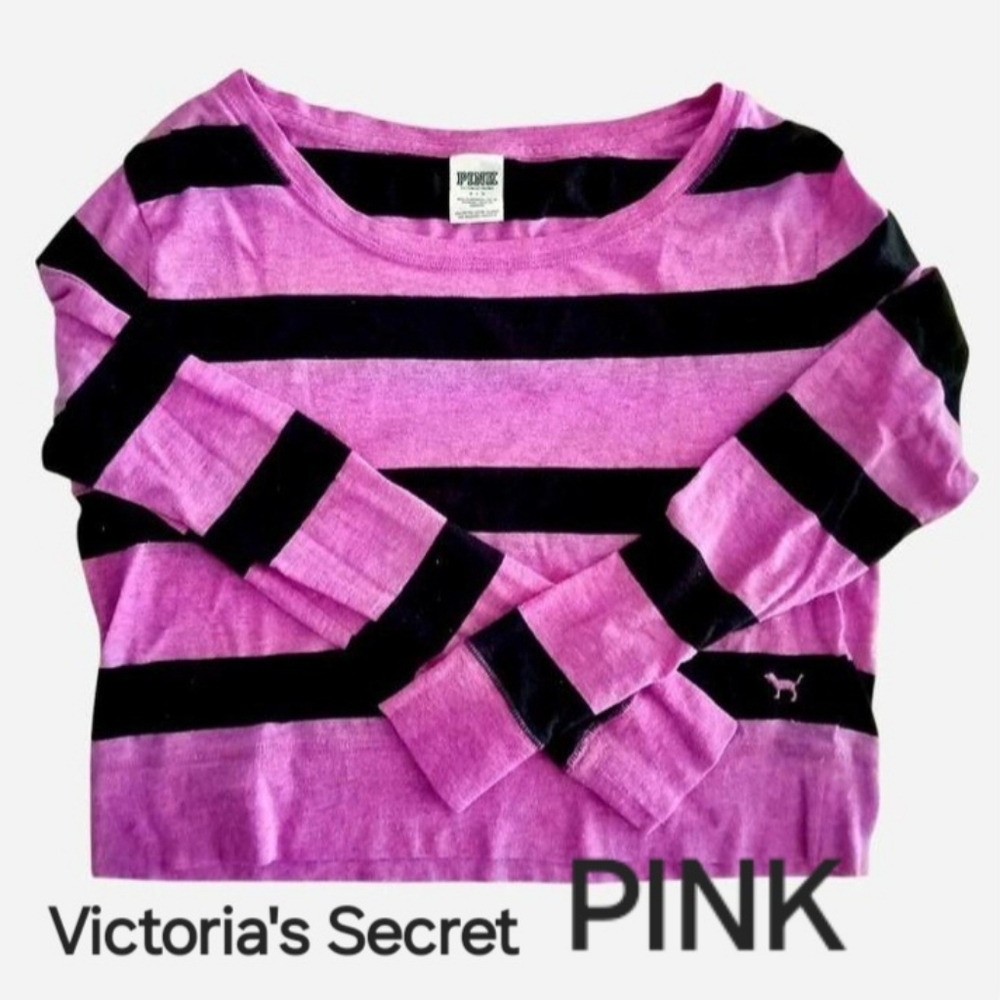 Victoria's Secret PINK Purple Black Striped Long Sleeve Tee T Goth Alt Y2K 90s